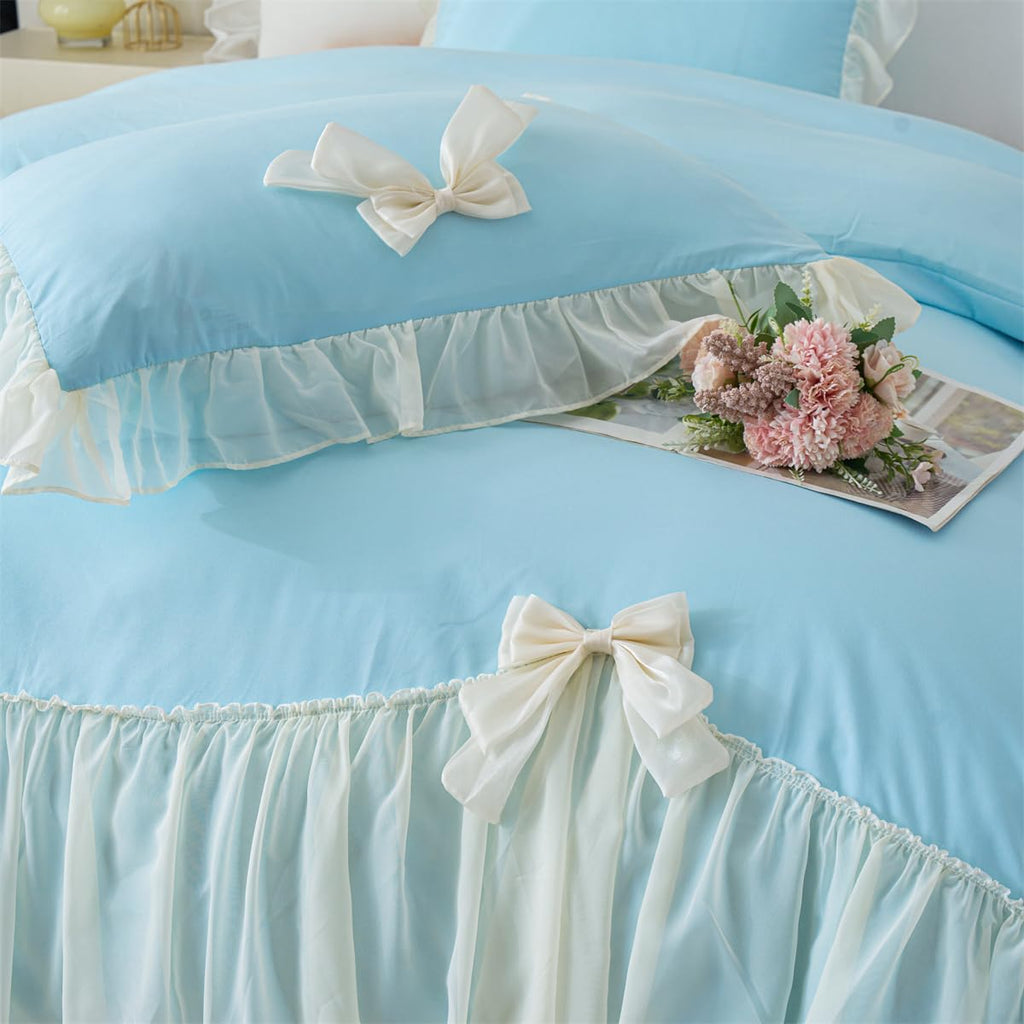 Ruffle Duvet Cover Bedding Set with Bowtie, 2 Pieces Comforter Cover Set with Zipper Closure with Pillowcase