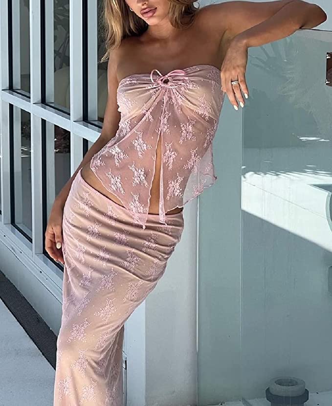 Vintage Lace Maxi Skirt Set Women 2 Piece Outfit Strapless Split Tube Top and Maxi Skirt Set