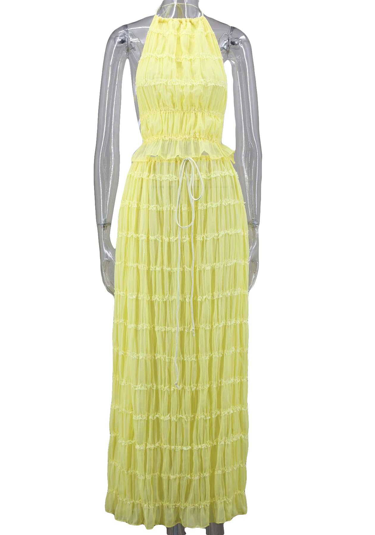 Skirt Sets Women 2 Piece Outfits Backless Halter Top And Pleated Ruffle Flowy Maxi Skirts Y2k Beach Vacation Set