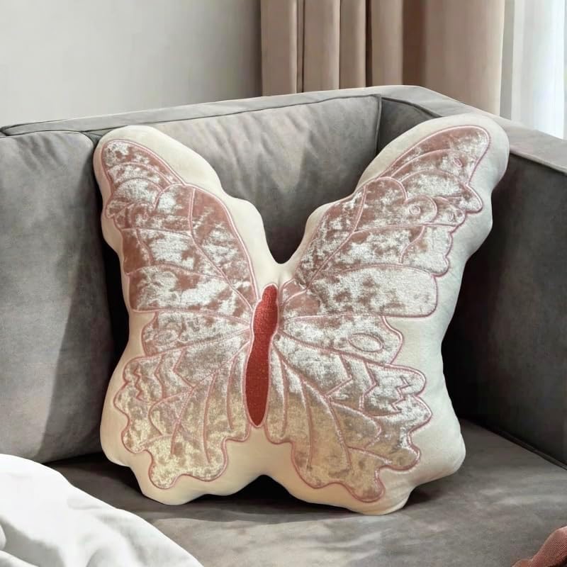 Butterfly Throw Pillow, Pink Butterfly-Shaped Glitter Velvet Stuffed Cushion Shiny Spring Decorative Animal Pillow for Couch Living Room Bed (11.8"x11.8")