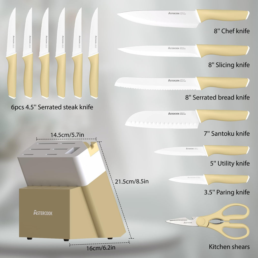 Colorful Kitchen Knives Set with Block and Sharpener Ceramic Coating 15 Pcs German Stainless Steel Knives Sharp Blade Dishwasher Safe Knife Block Set with Ergonomic Handle
