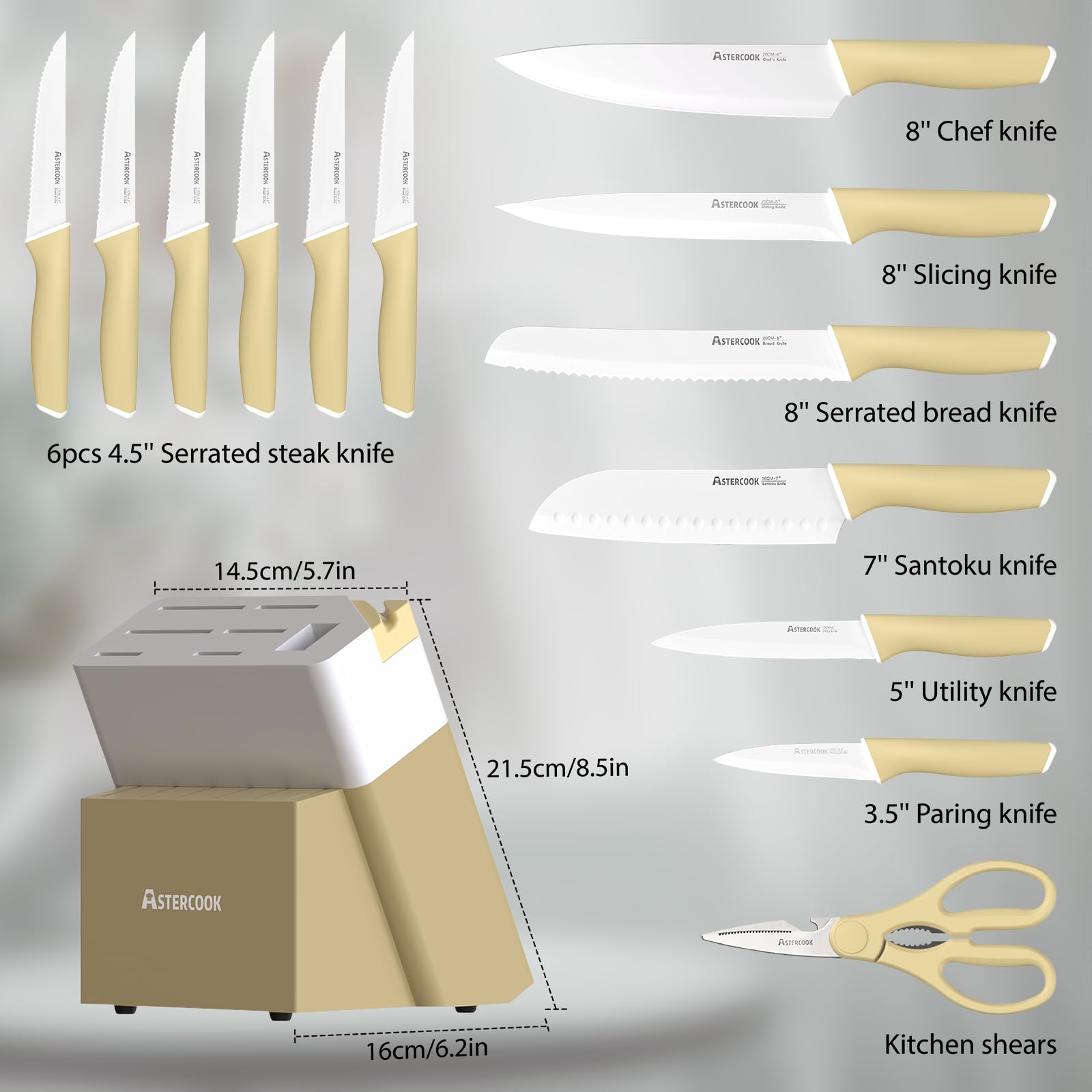 Colorful Kitchen Knives Set with Block and Sharpener Ceramic Coating 15 Pcs German Stainless Steel Knives Sharp Blade Dishwasher Safe Knife Block Set with Ergonomic Handle