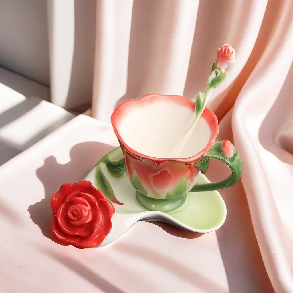 Rose Tea Cup and Saucer -  Set for 1 Ceramic Hand Crafted Rose Flower Cup, 6 Oz