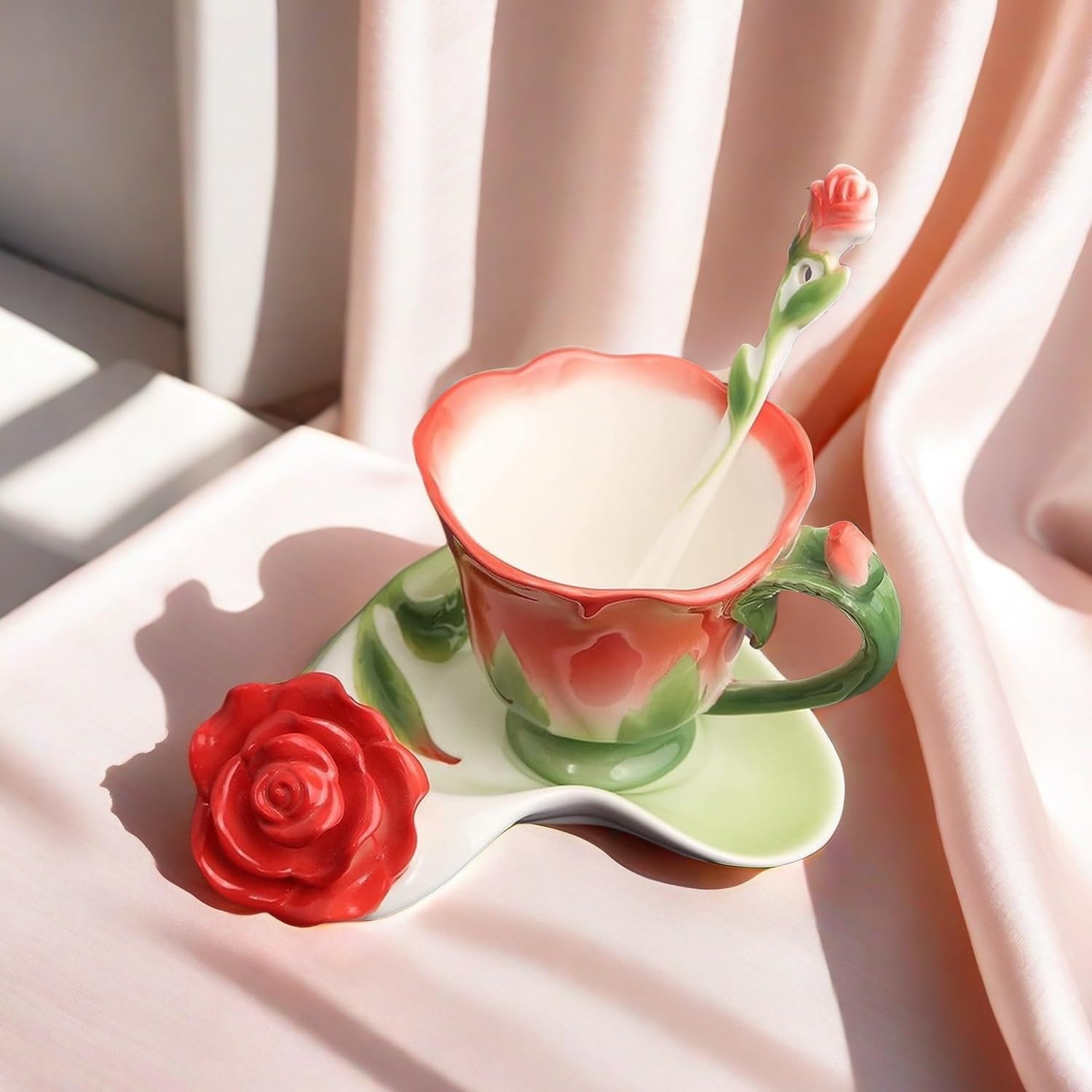 Rose Tea Cup and Saucer -  Set for 1 Ceramic Hand Crafted Rose Flower Cup, 6 Oz