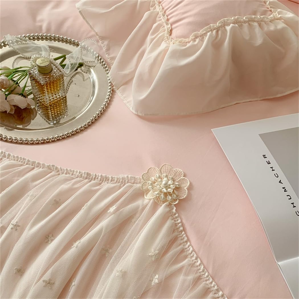 Lace Duvet Cover - Chiffon Ruffled Beddding Set with Flower, 3 Pieces Comforter Cover Set with Zipper Closure and Pillowcase