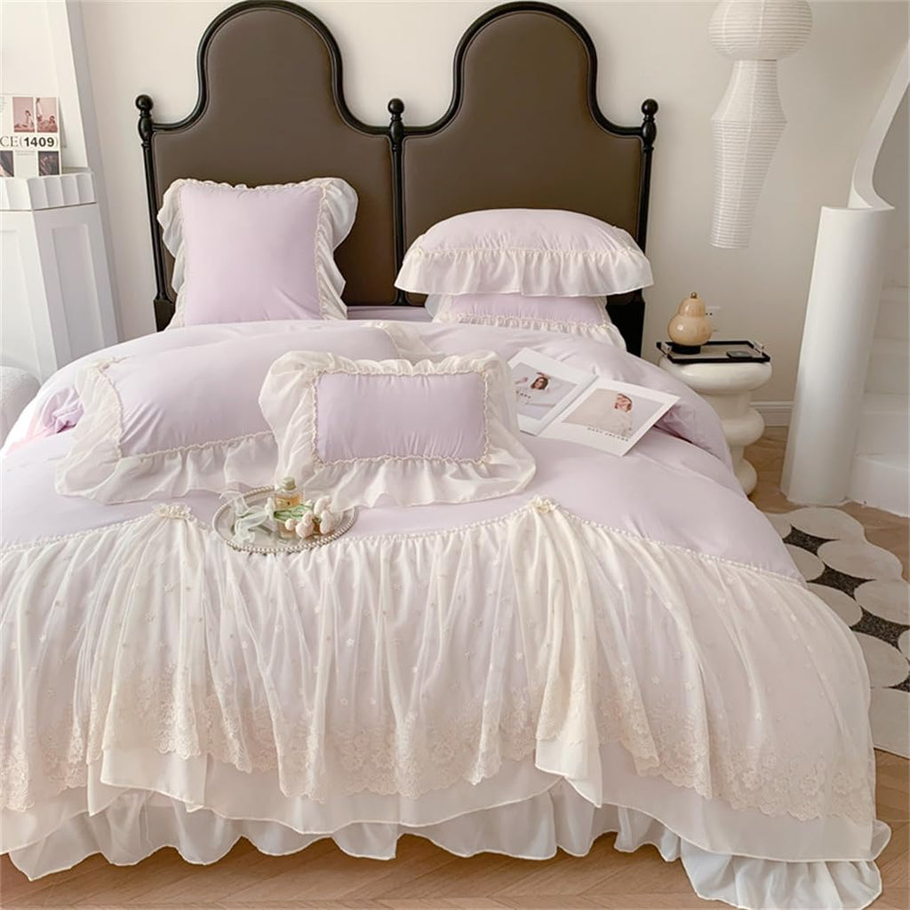 Lace Duvet Cover - Chiffon Ruffled Beddding Set with Flower, 3 Pieces Comforter Cover Set with Zipper Closure and Pillowcase