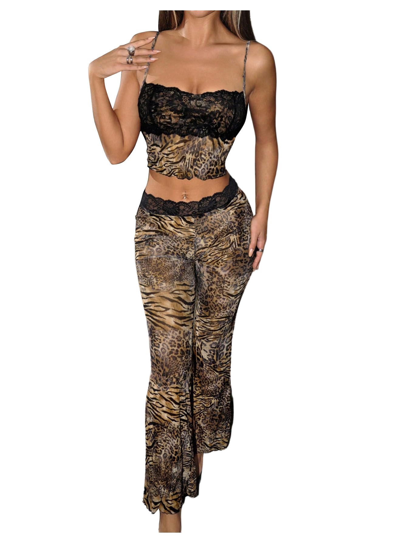 Women's 2 Piece Set Leopard Print Lace Cami Top Flare Pants Outfits