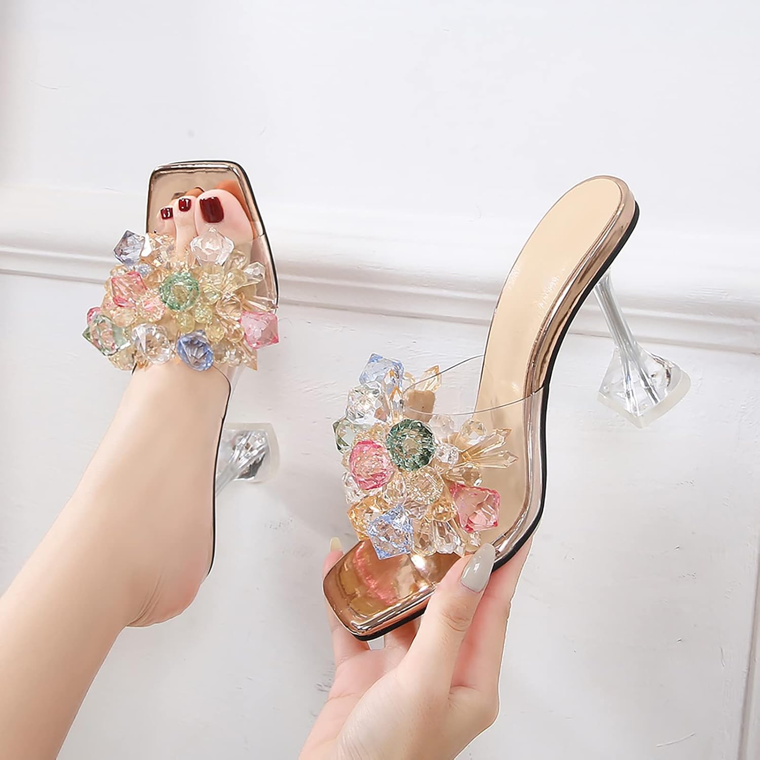 Women's Crystal Flower Heels Square Toe Heeled Sandals