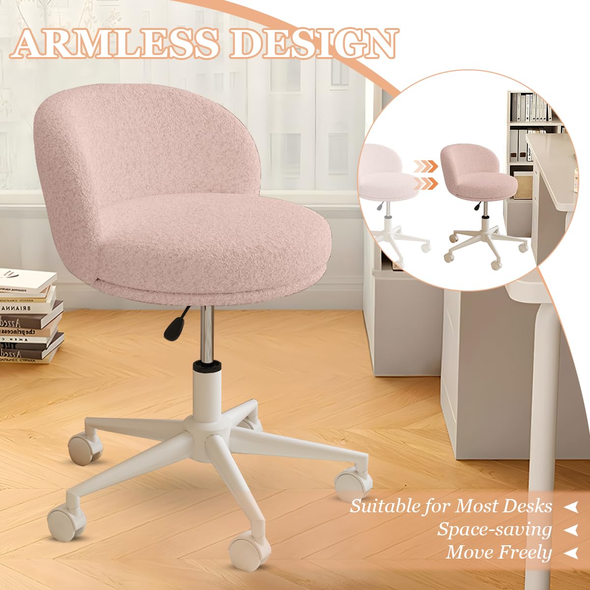 Modern Vanity Chair with Back, 360° Swivel Makeup Desk Chair Small Office Chair with Wheels, Height Adjustable Armless Computer Task Chair