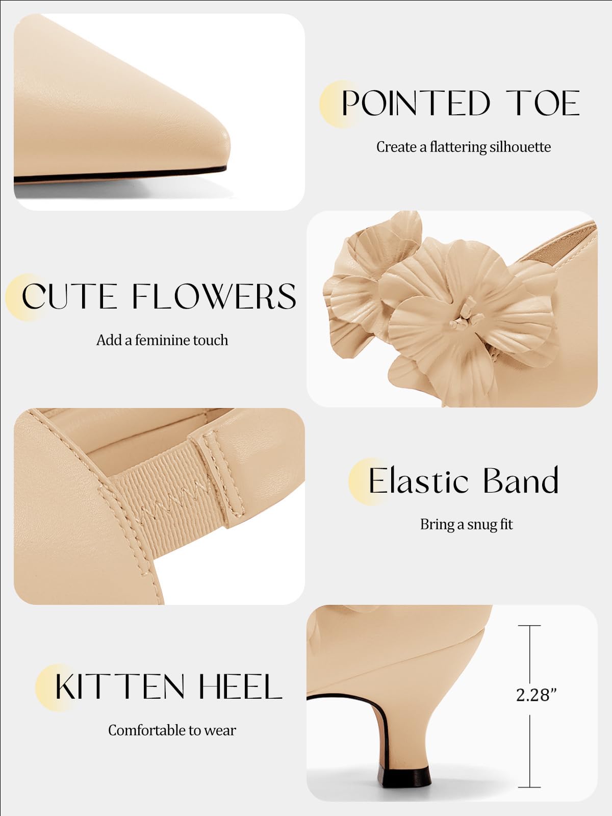 Women's Low Kitten Heels Dressy Shoes Comfortable Closed Toe Flower Slip on