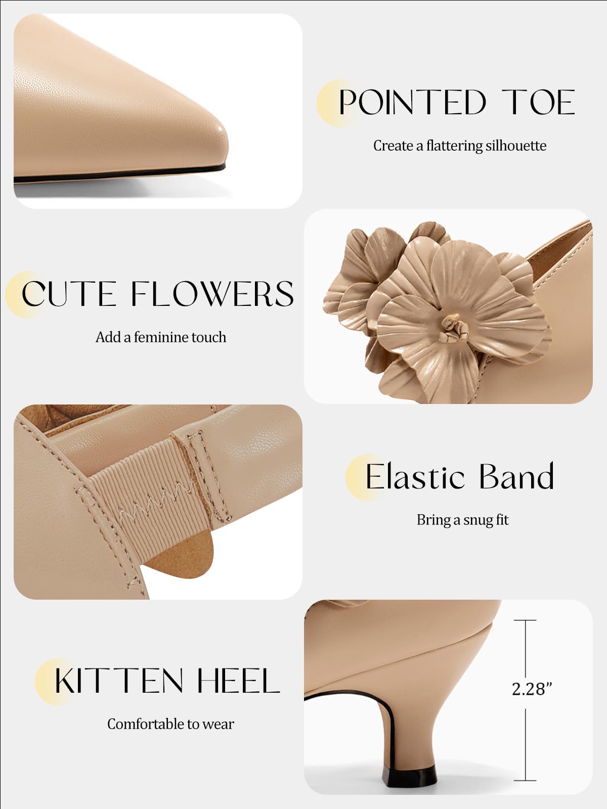 Women's Low Kitten Heels Dressy Shoes Comfortable Closed Toe Flower Slip on