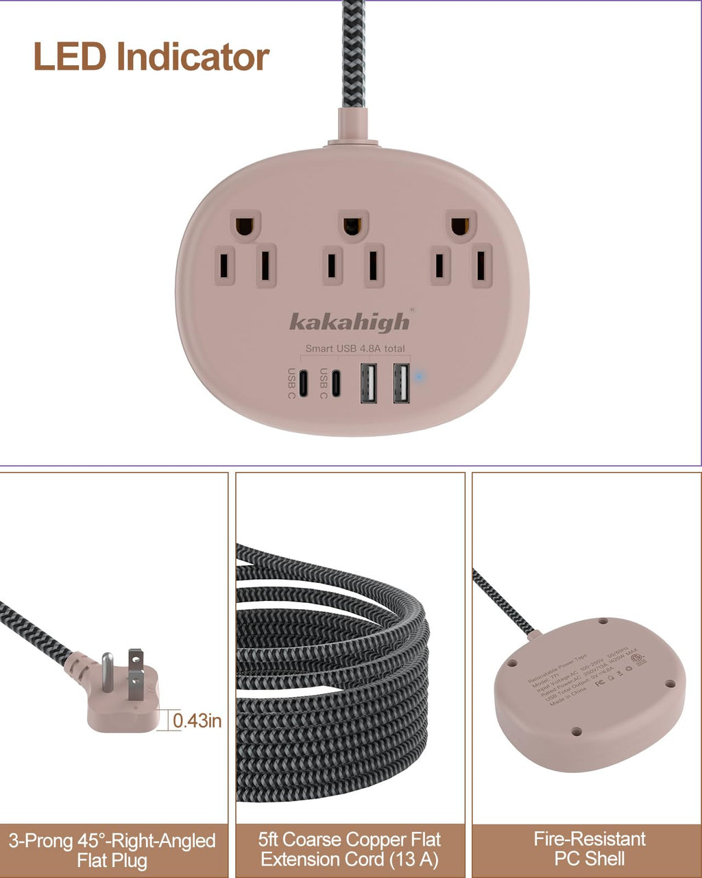 Cute Surge Protector â€?5FT Flat Extension Cord, 3 Outlets, 4 USB Ports (24W)