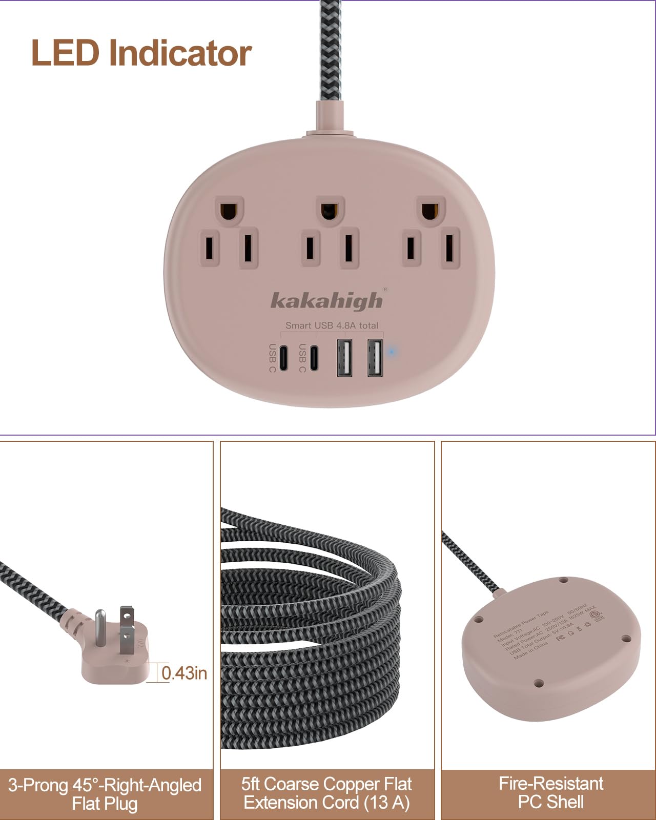 Cute Surge Protector â€?5FT Flat Extension Cord, 3 Outlets, 4 USB Ports (24W)