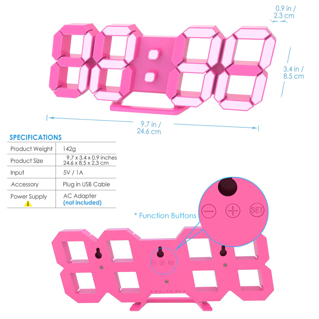 LED 3D Wall Clock 9.7" Clock with Remote/Dimming/12/24H/Temp/Alarm Clock/Date