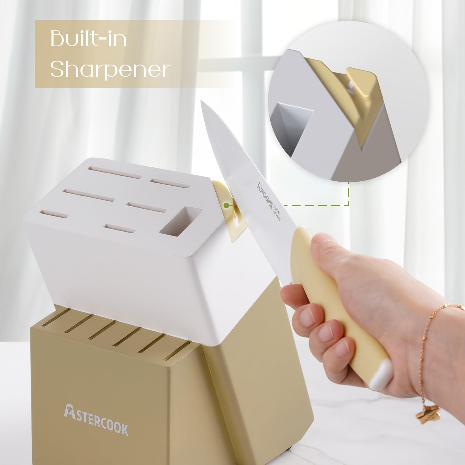 Colorful Kitchen Knives Set with Block and Sharpener Ceramic Coating 15 Pcs German Stainless Steel Knives Sharp Blade Dishwasher Safe Knife Block Set with Ergonomic Handle