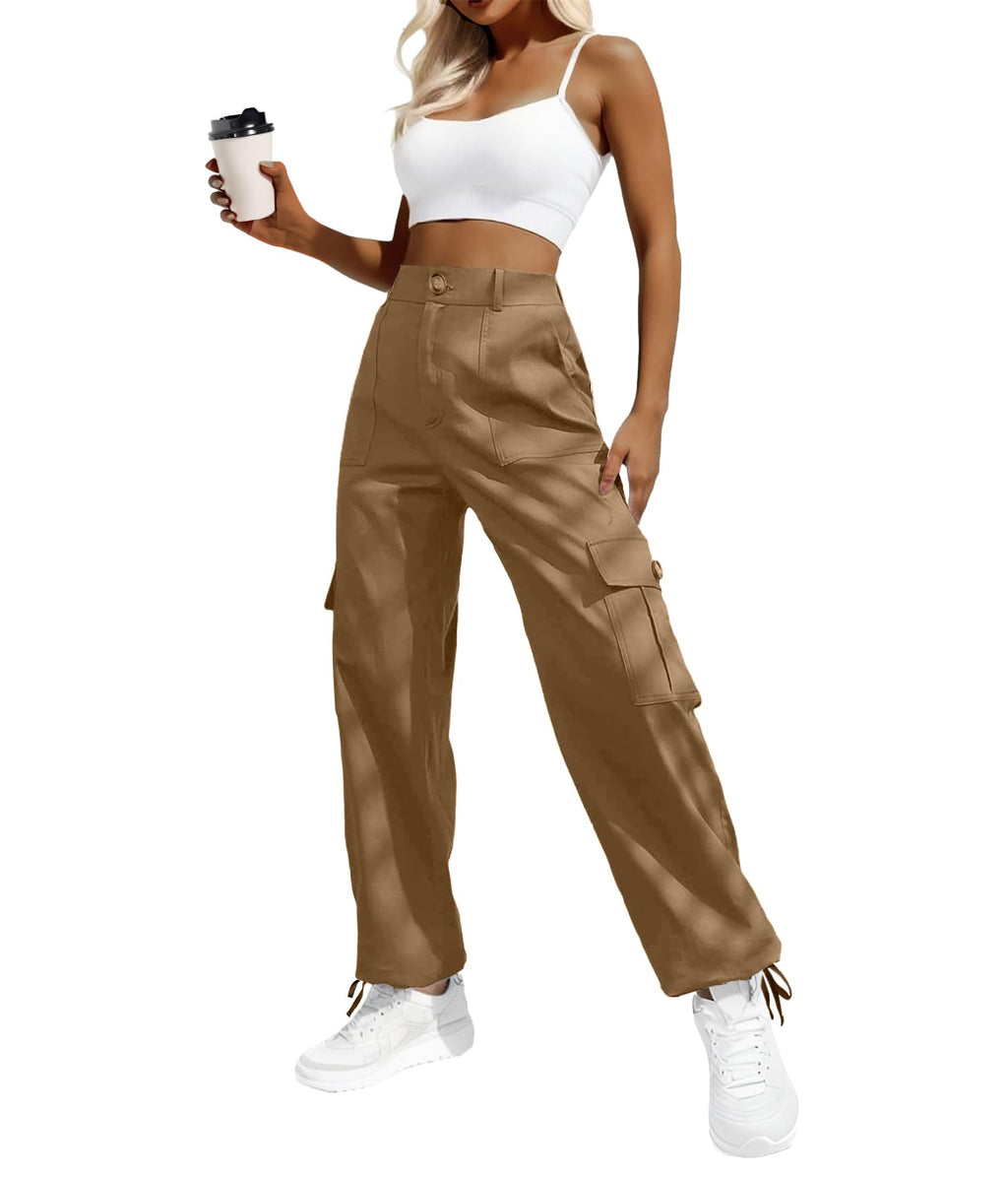 Women's High-Waisted Cargo Pants â€?Y2K Streetwear Baggy with 6 Pockets & Drawstring Cuffs