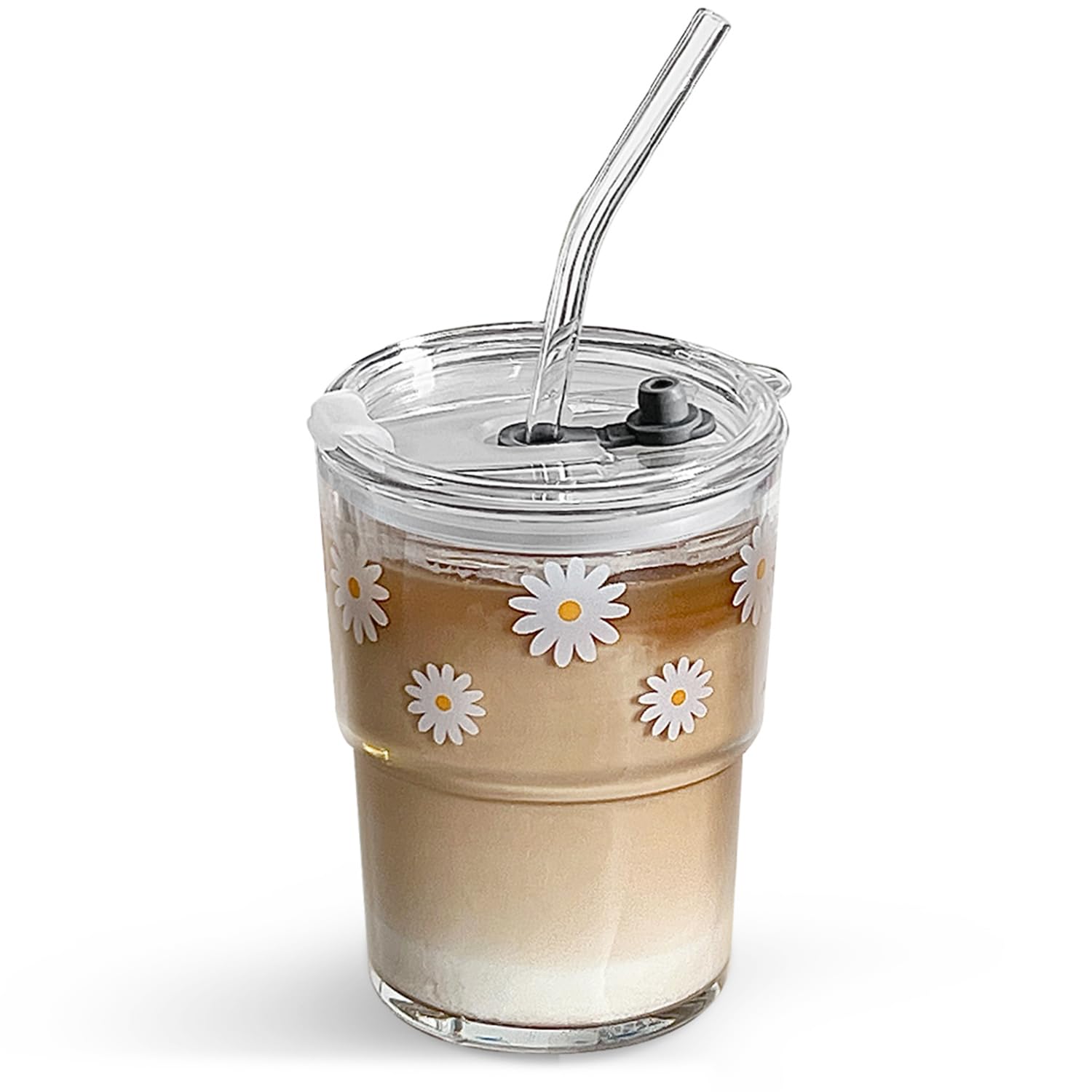 Glass Tumbler with Straw and Lid, Reusable Iced Coffee Cup Tumbler, Cute Glass Cups 13oz
