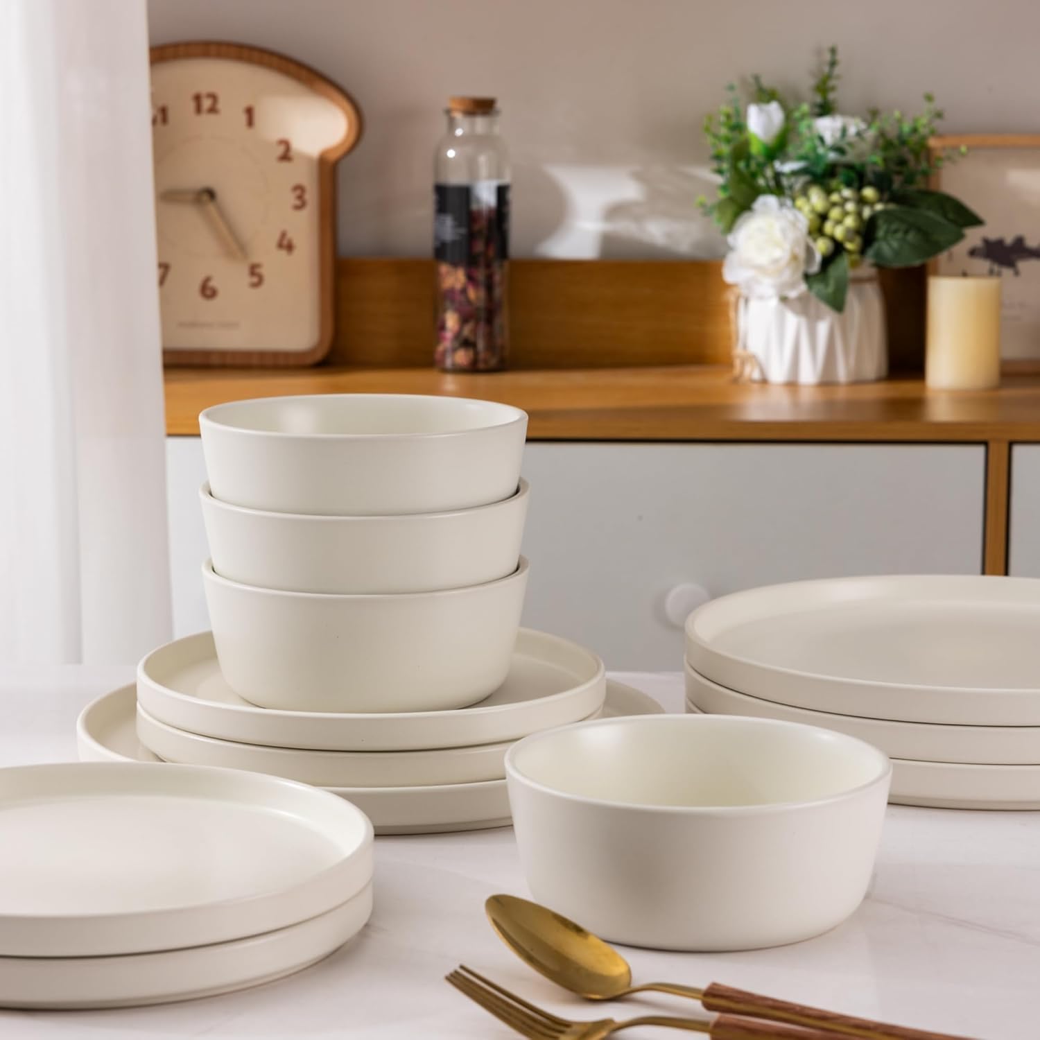 Ceramic Dinnerware Sets for 4, Modern Flat Stoneware Plates and Bowls Sets,Chip and Crack Resistant | Dishwasher & Microwave Safe Dishes Set, Scratch Resistant- Service for 4 (12pc)