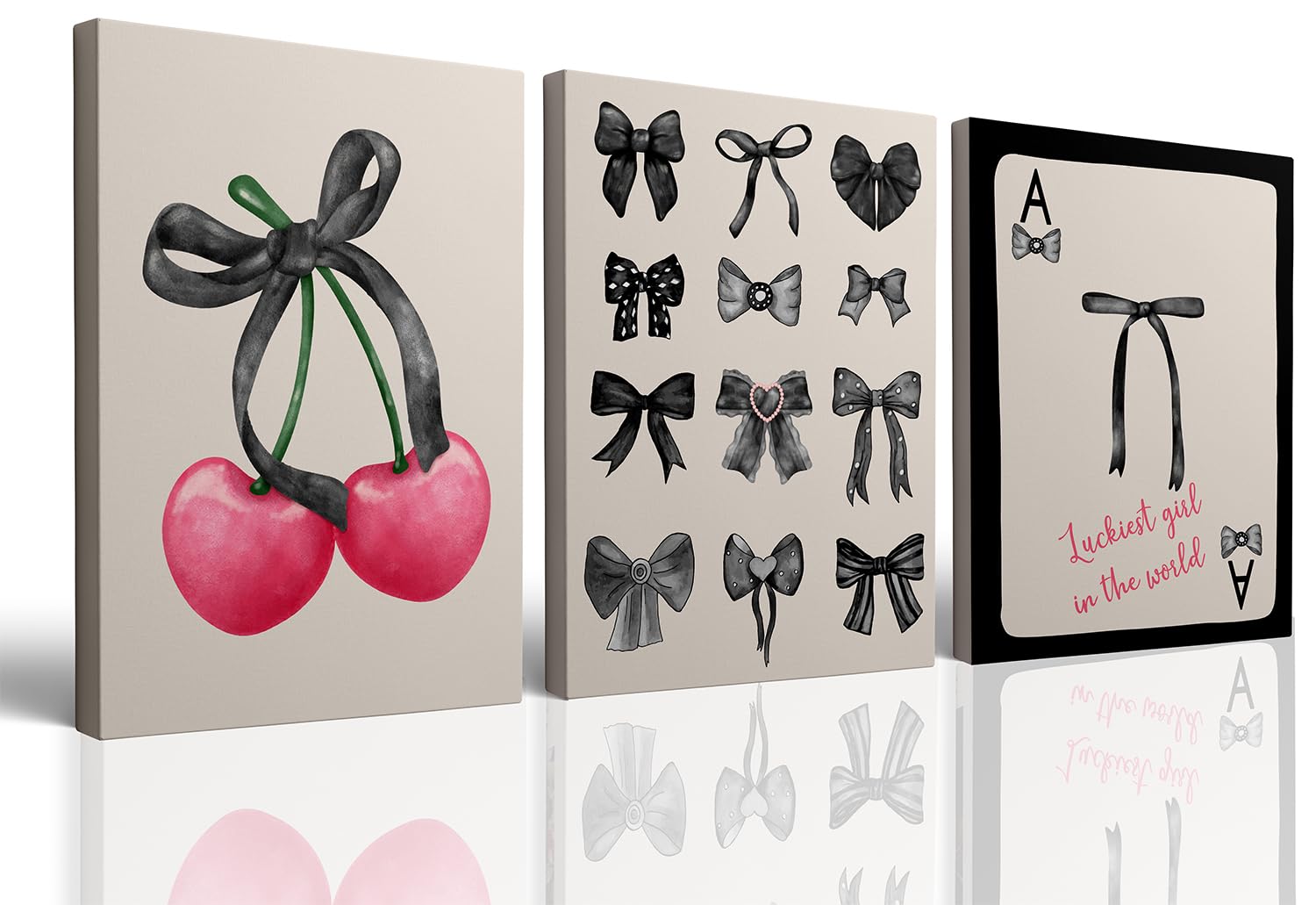 Pink Coquette Trendy Preppy Bow Wall Art Prints Set of 3 Pink Cherry Poker Wall Decor Posters Black Bows lAesthetic