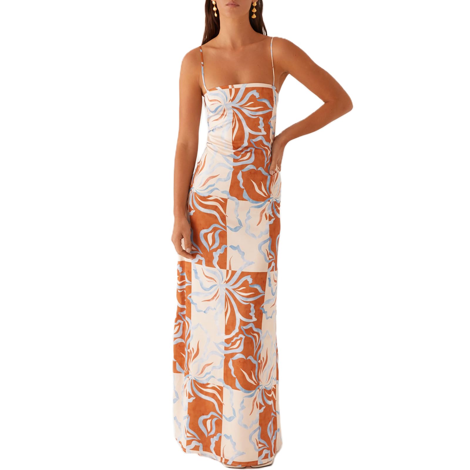 Women Floral Slip Dress Spaghetti Strap Maxi Dress Backless Slim Fit Long Dresses Flowers Print Going Out Dress