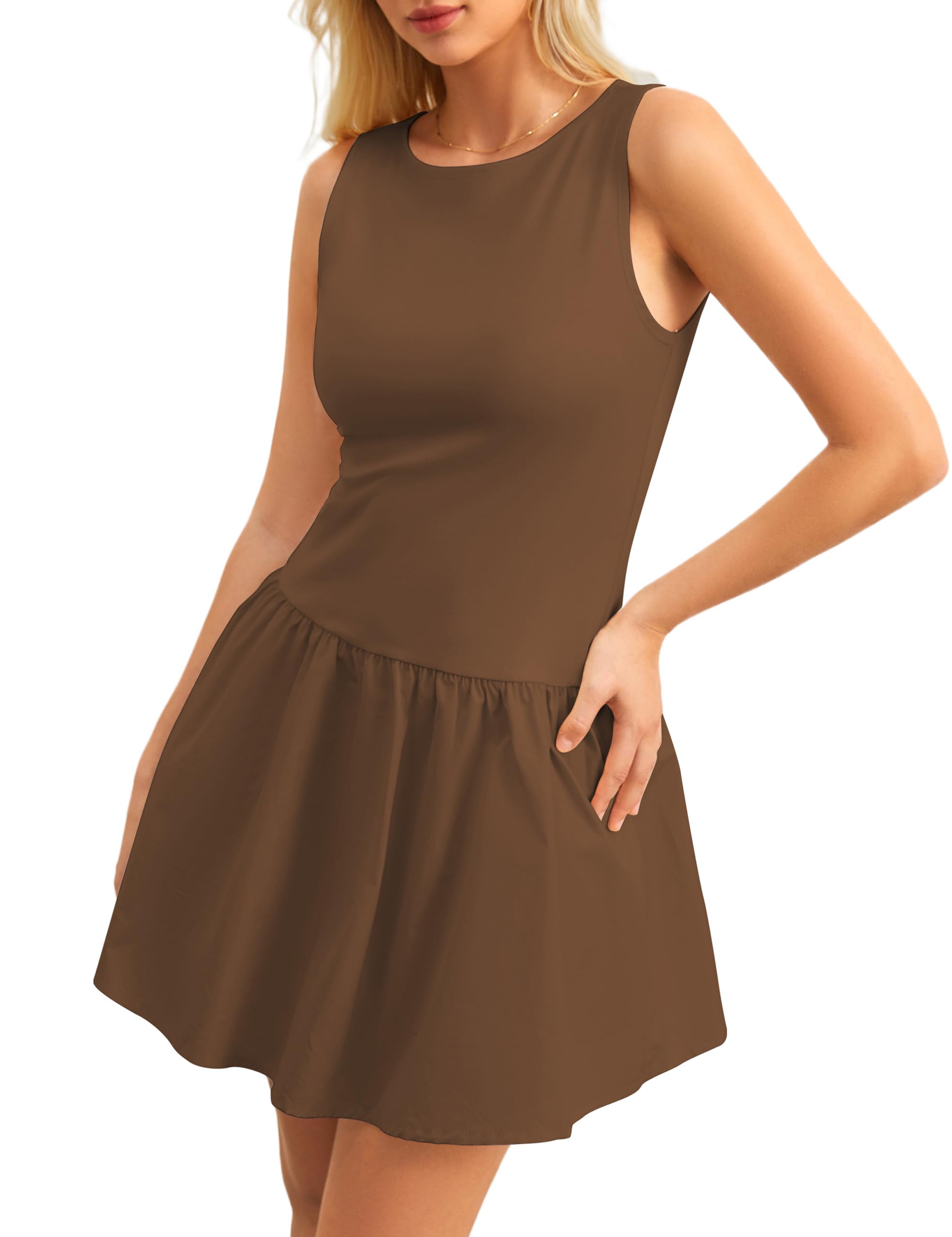 Womens Sleeveless Mini Tank Dress Boat Neck Drop-Waist A Line Dress Casual Slim Fit Flared Short Flowy Dresses