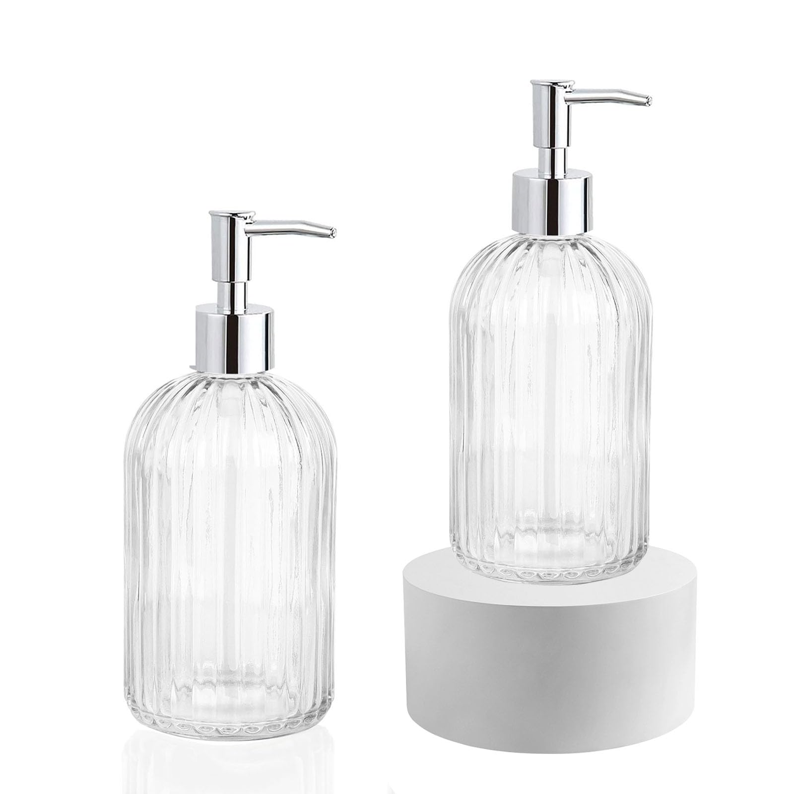 Pink Clear Glass Soap Dispenser 13 Oz/400ml, Striped Transparent Liquid Hand Soap Dispenser for Kitchen & Bathroom