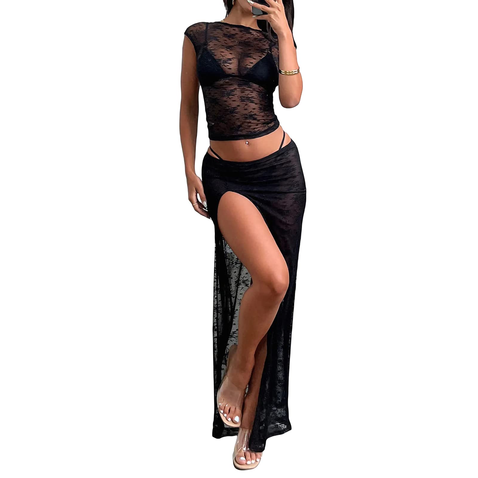Vintage Lace Maxi Skirt Set Women 2 Piece Outfit Strapless Split Tube Top and Maxi Skirt Set