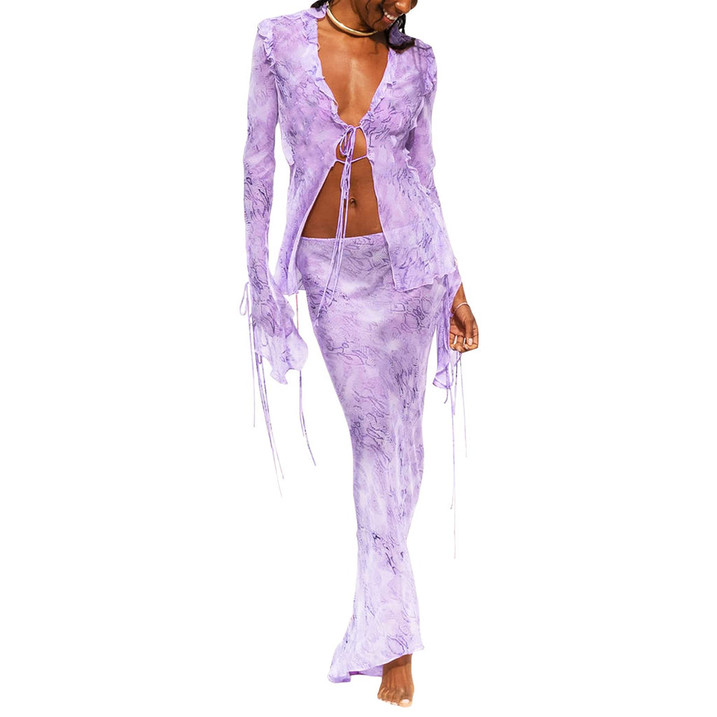 Women Sexy Y2K Maxi Skirt Set Strapless Bodycon Lace Tube Top See Through 2 Piece Outfits Summer Party Wear Dress