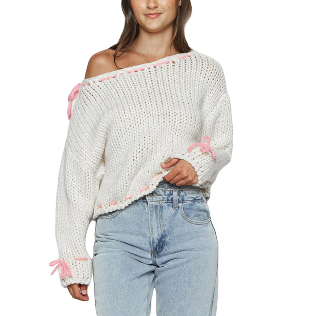 Women Y2k V Neck Sweater Retro Low Cut Long Sleeve Pullover Top E-Girl Cute Solid Loose Fit Lace Up Going Out Jumper