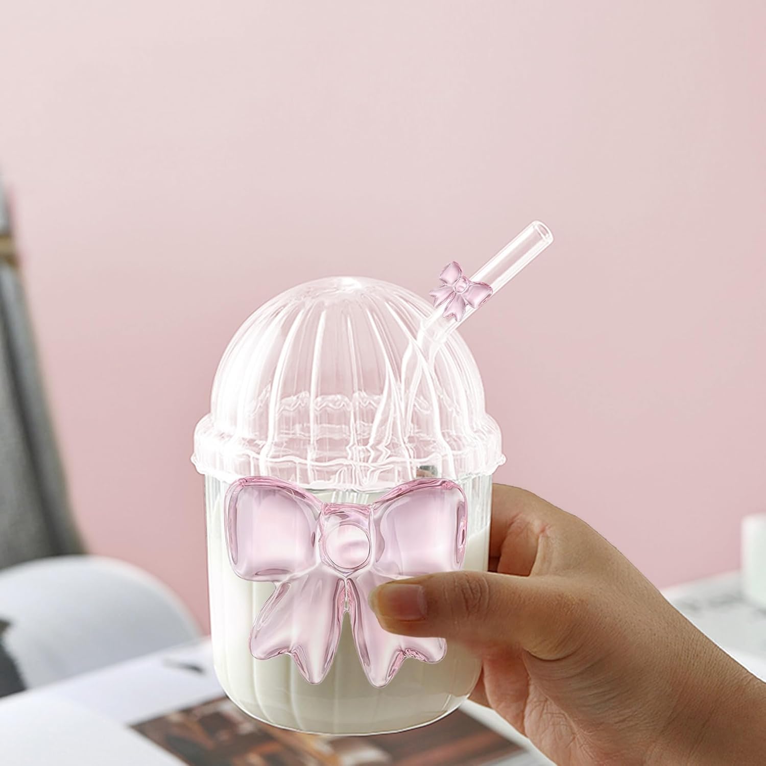 Coquette Cute Pink Bow Glass Cup with Lid And Straw, Aesthetic Glass Tumbler