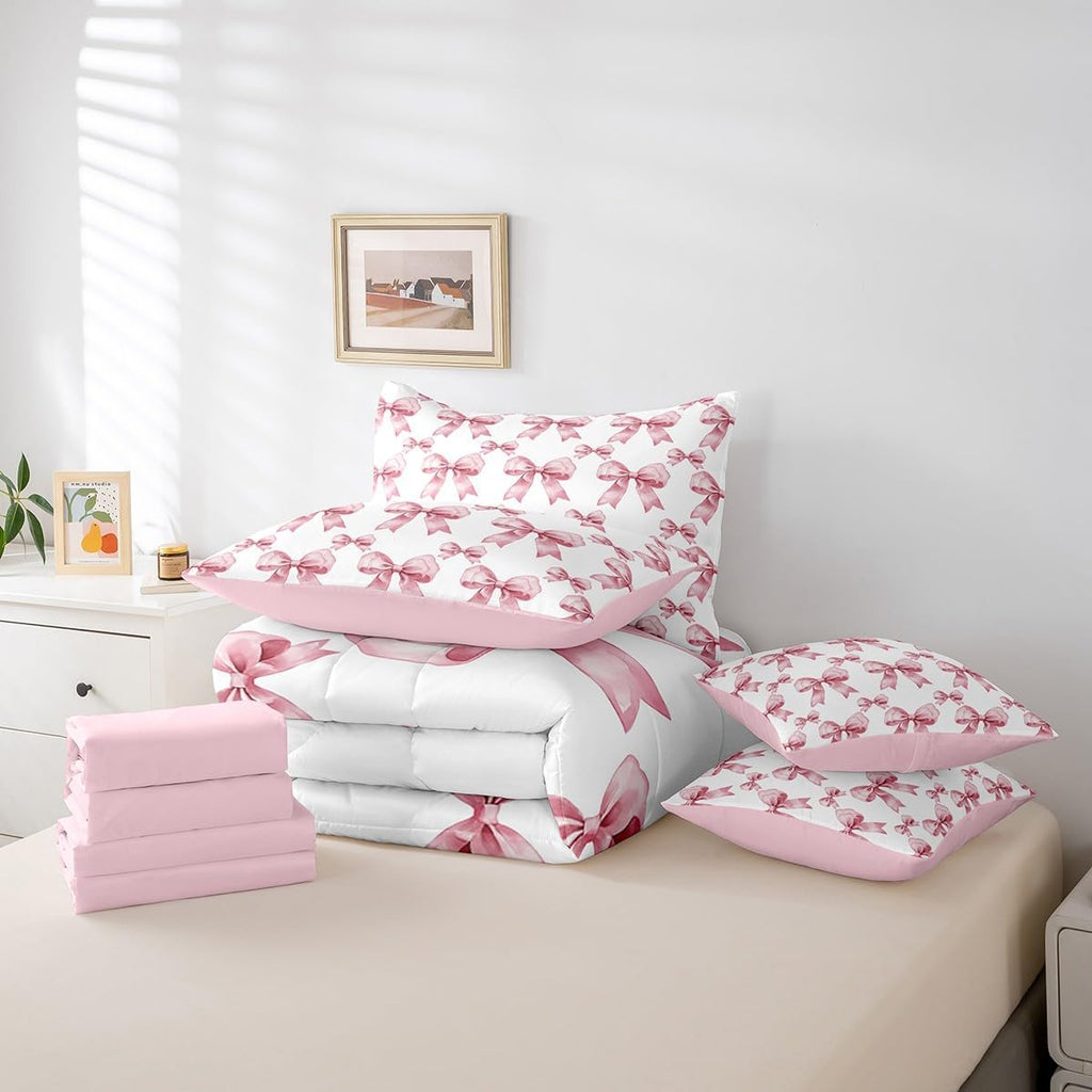Princess Style Pink Bowknot Comforter Bedding Set, Bow Tie Pink White Dreamy Fairy Tale Bow (Comforter+Fitted+Flat Sheet+2 Pillowcases+2 Throw Pillow Covers) 7 Pieces Bed Set