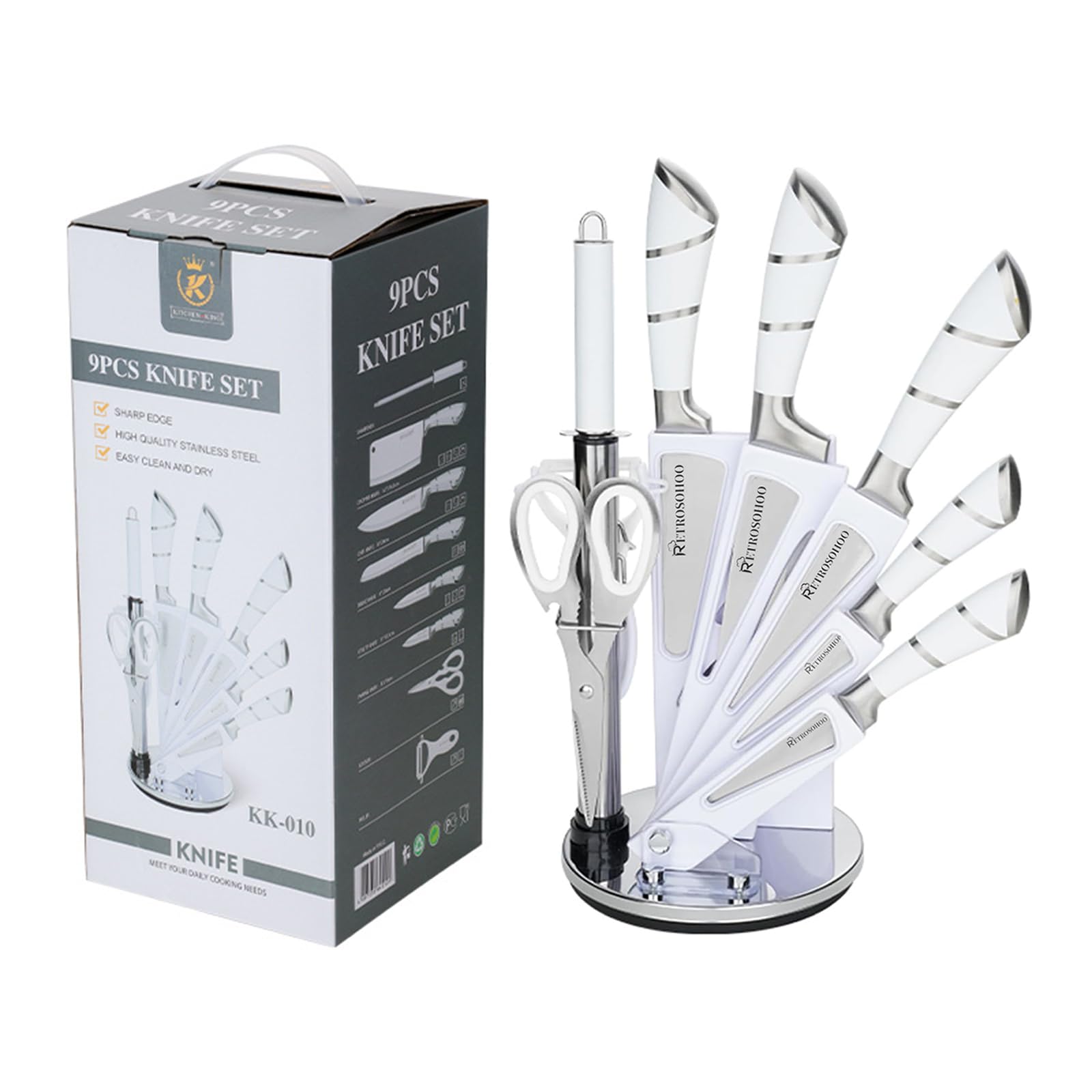 Kitchen Stainless Steel Knife Set, 9-Pieces Sharp Non-Stick Coated Chef Knives Block Set