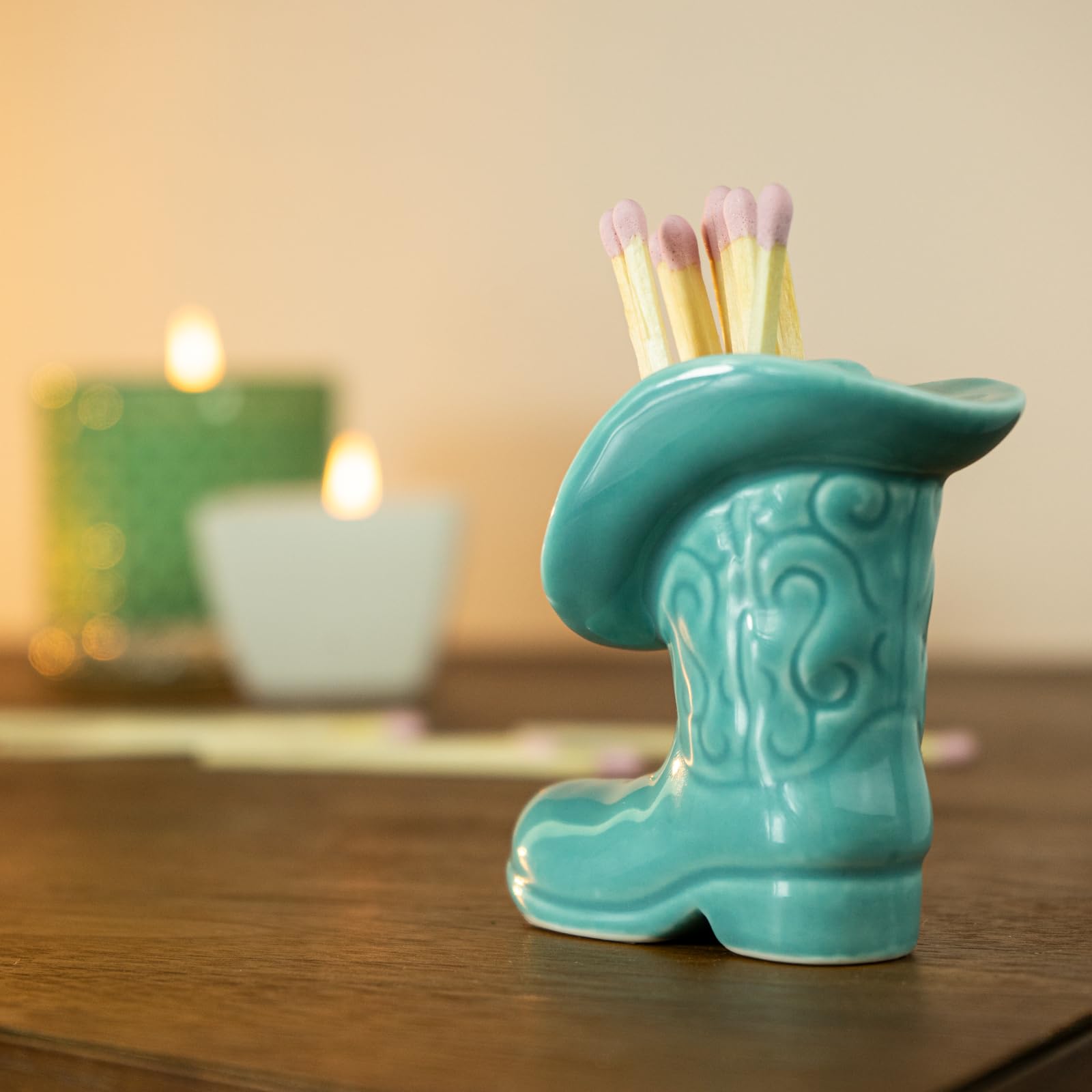 Cowgirl Boot Match Holder With Striker - Ceramic Cowgirl Boots Coastal Western Home Decor Aesthetic