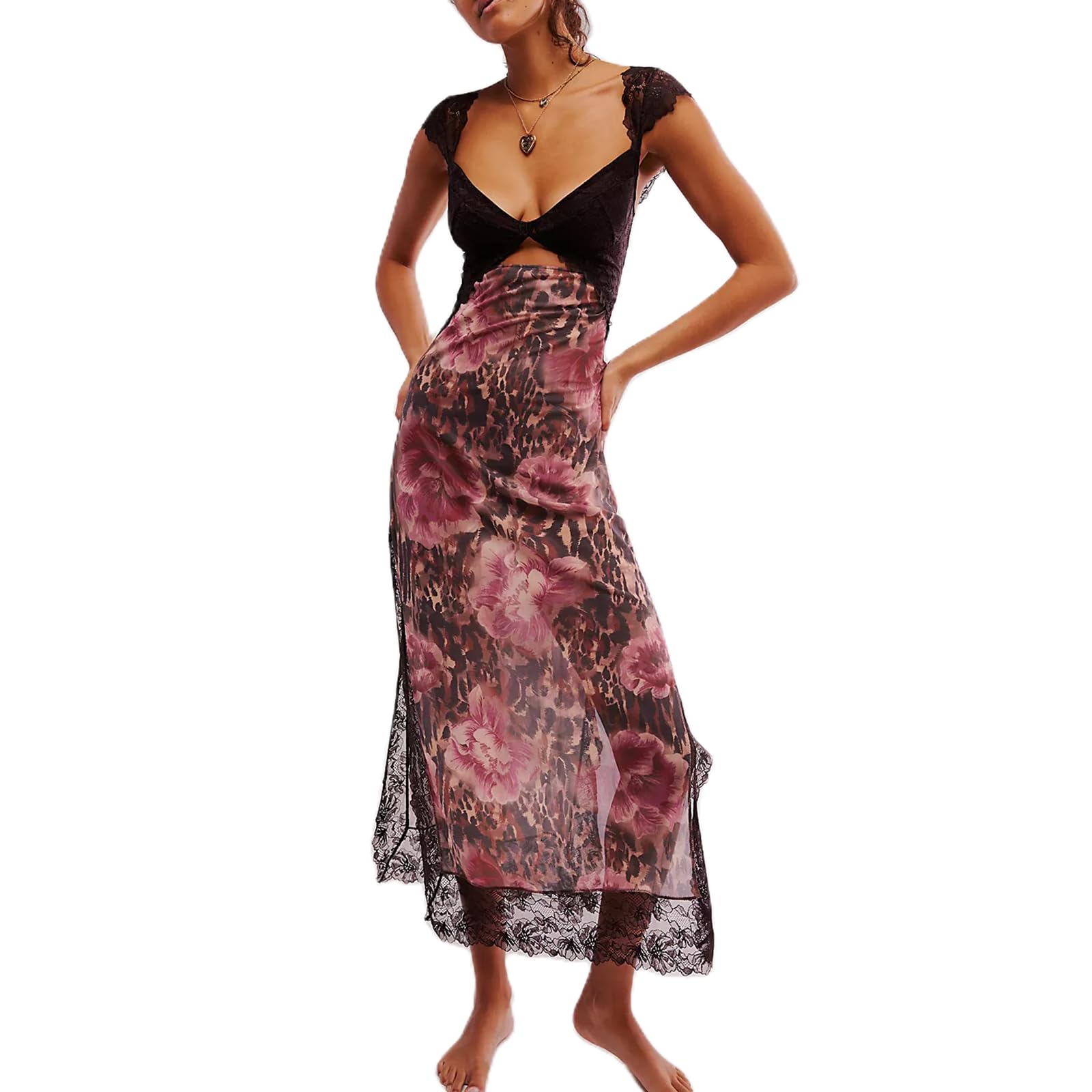 Women Sleeveless Maxi Dress Backless Bodycon Floral Printed Spaghetti Strap Long Dress Sheer Mesh Summer One-Piece