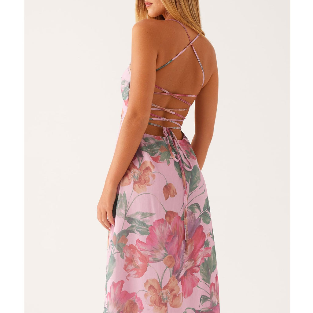 Women Floral Slip Dress Spaghetti Strap Maxi Dress Backless Slim Fit Long Dresses Flowers Print Going Out Dress