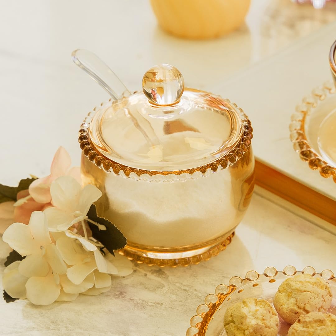 Pearl Crystal Beaded Sugar Bowl with Lid and Spoon