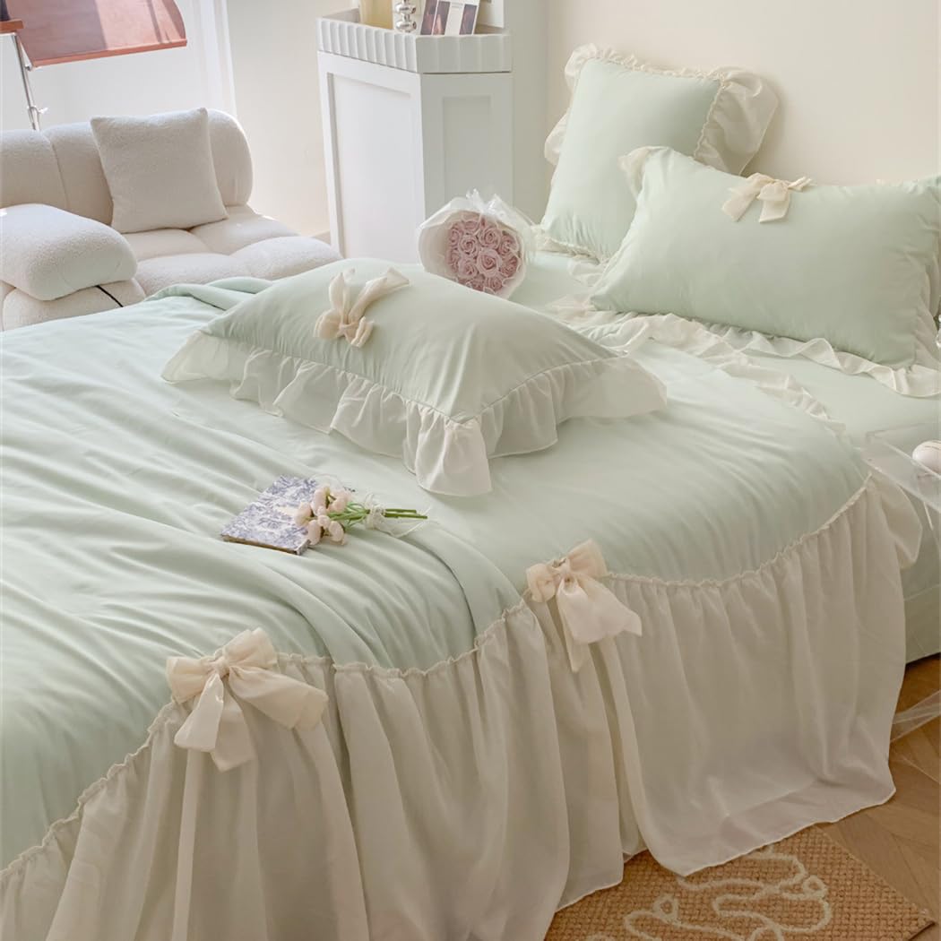 Ruffle Duvet Cover Bedding Set with Bowtie, 2 Pieces Comforter Cover Set with Zipper Closure with Pillowcase