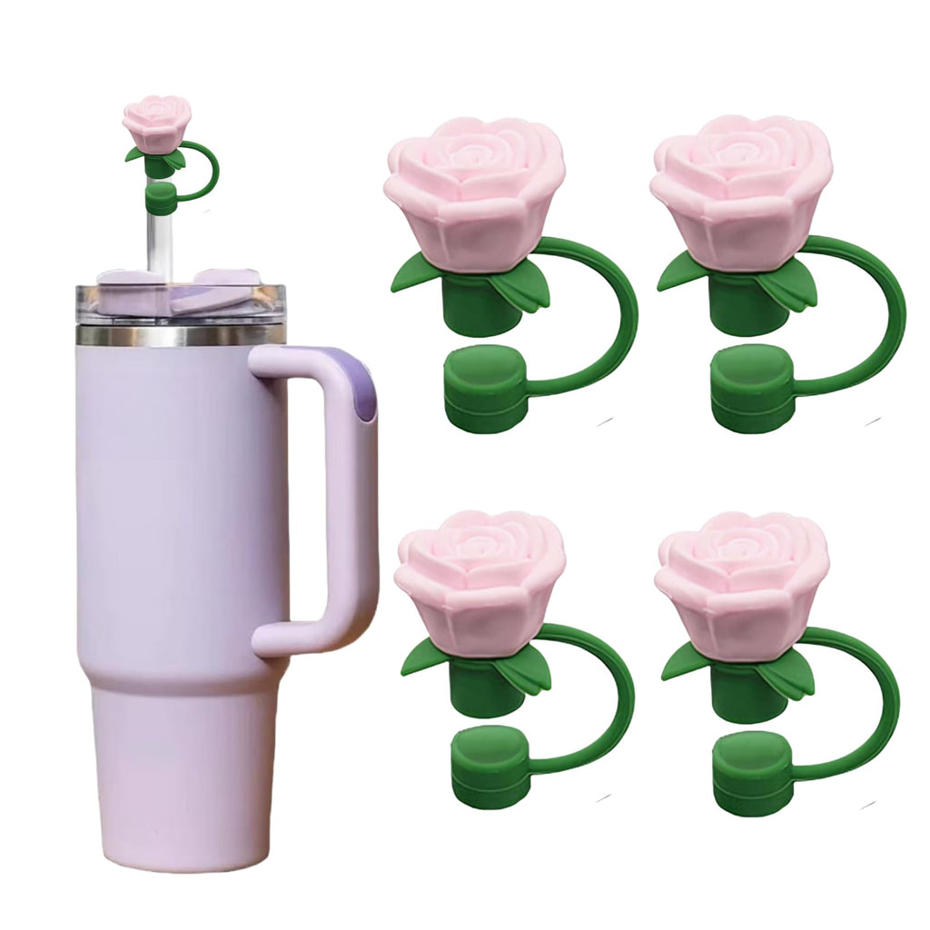 Rose Flower Straw Covers for Stanley Cup, Silicone Cover Dust Proof Plugs Protector 4Pcs 10mm