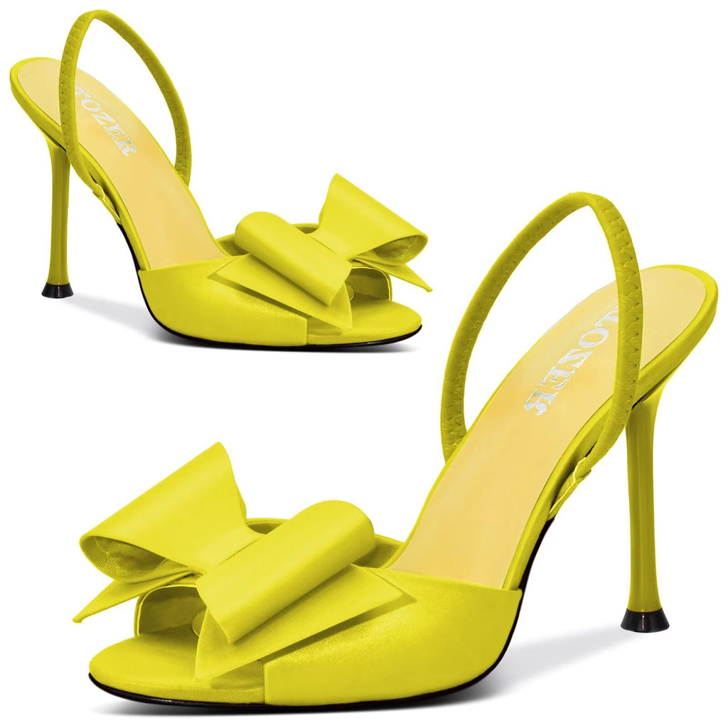 Satin High Heels Slingback Open Toe Mules Sandals Bow Stiletto Sexy Heels Comfortable Party Shoes
