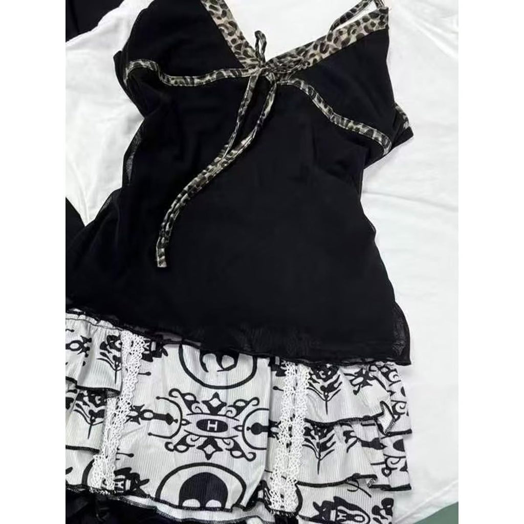 Emo Coquette Cropped Top Grunge 2000s Spaghetti Strap Tops Streetwear Vintage Camisole Y2k Cheetah Tops