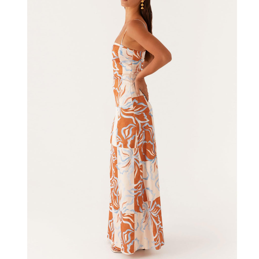 Women Floral Slip Dress Spaghetti Strap Maxi Dress Backless Slim Fit Long Dresses Flowers Print Going Out Dress