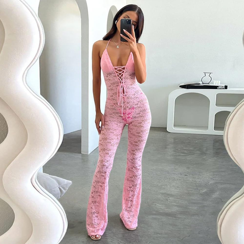 Women's Lace Jumpsuits Stretch See Through V Neck Drawstring Backless Flare Pants Rompers Sexy One Piece Outfits