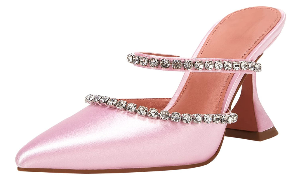 Women's Pointed Toe Strappy Heels Crystal Satin Heeled Mules Shoes