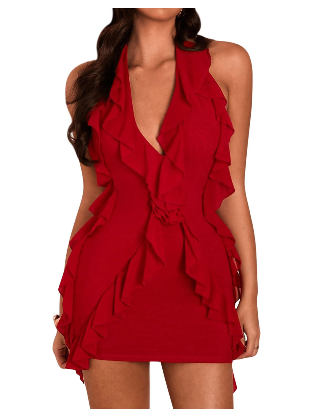 Women's 3D Floral Ruffle Trim Bodycon Mini Dresses Halter V Neck Sleeveless Cocktail Party Dresses