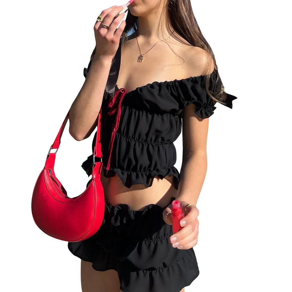 Cute 2 Piece Skirt Sets for Women Ruffle Short Sleeve Tie Up Crop Top & Elastic Waist Pleated Mini Skirt Set Y2K Outfit