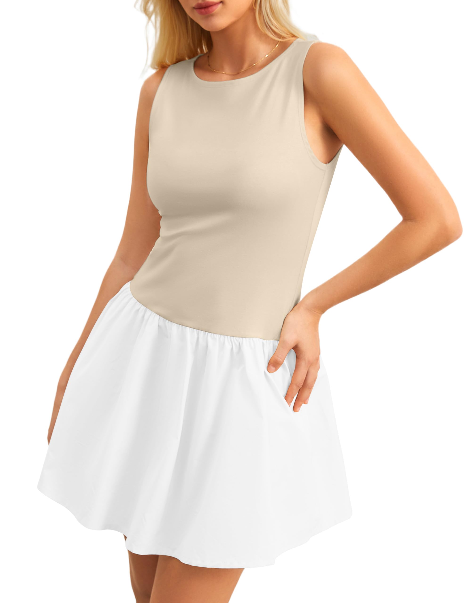 Womens Sleeveless Mini Tank Dress Boat Neck Drop-Waist A Line Dress Casual Slim Fit Flared Short Flowy Dresses