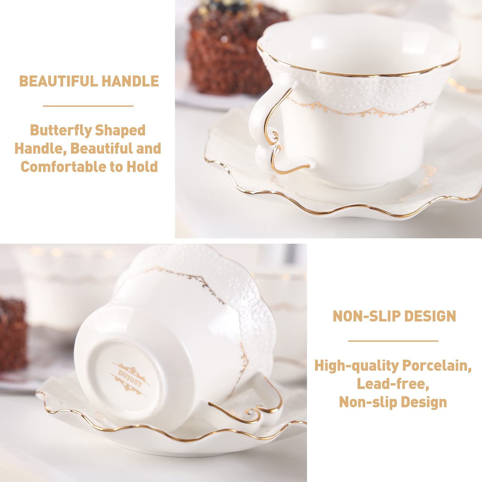 Tea Cups and Saucers with Golden Trim, Petal Edge Coffee Cups with Metal Stand