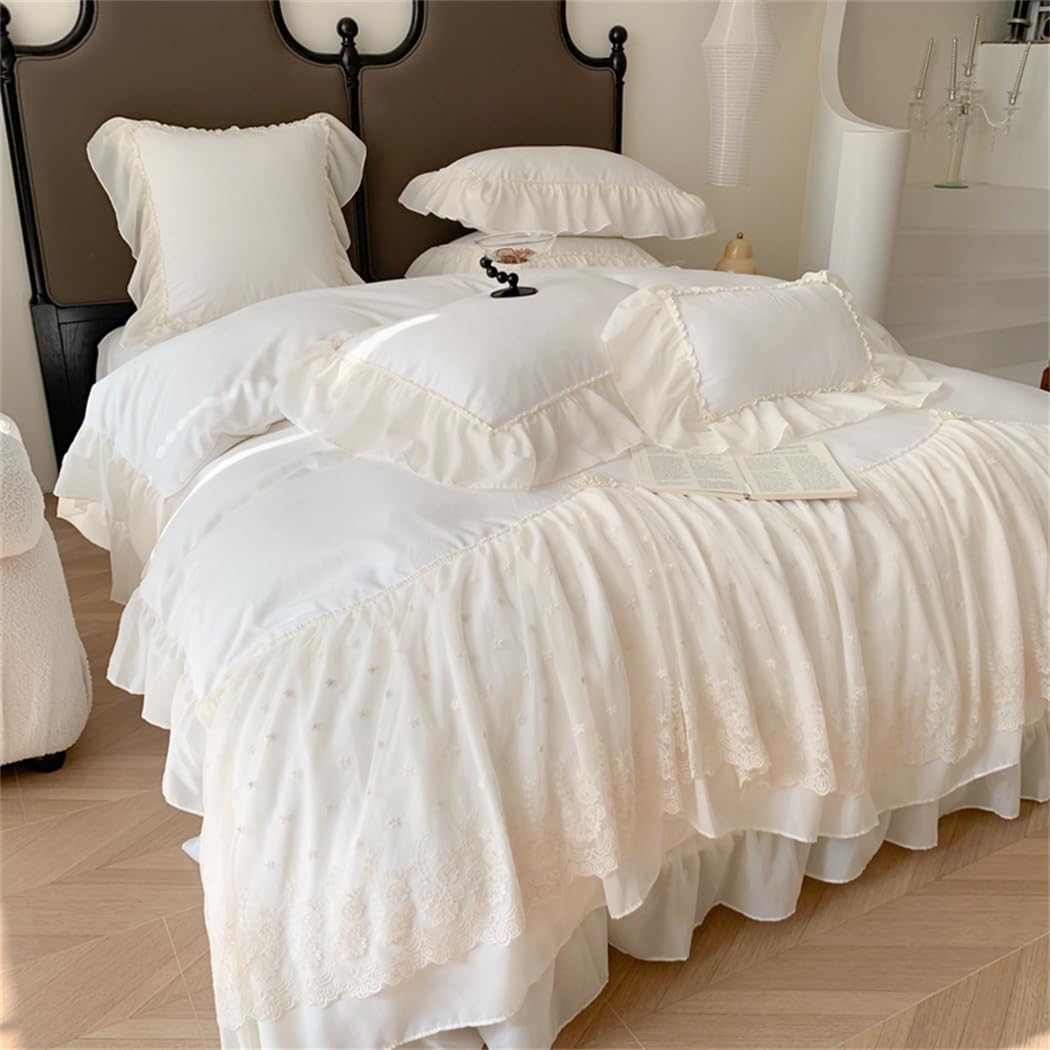 Lace Duvet Cover - Chiffon Ruffled Beddding Set with Flower, 3 Pieces Comforter Cover Set with Zipper Closure and Pillowcase