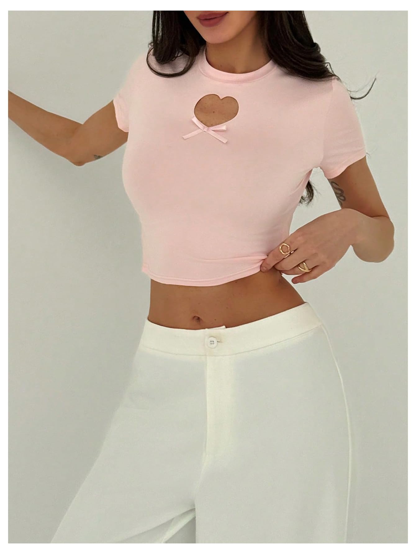 Women's Y2k Crop Tops Short Sleeve Shirts Heart Cutout Bowknot Fitted Going Out T-Shirt