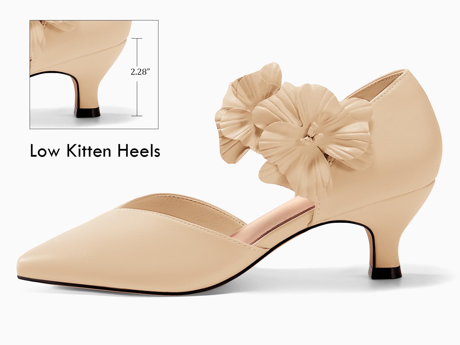 Women's Low Kitten Heels Dressy Shoes Comfortable Closed Toe Flower Slip on